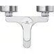 Gemischter Wasserhahn in Chrom-Optik von Ideal Standard mit zwei Bedienelementen für heißes und kaltes Wasser, montiert auf einer geraden Basis.